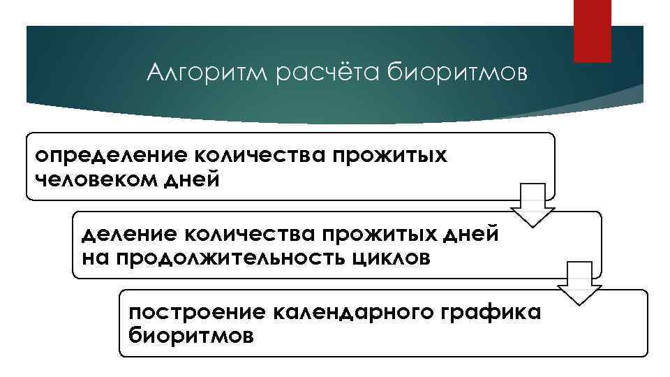 Алгоритм расчёта биоритмов определение количества прожитых человеком дней деление количества прожитых дней на продолжительность