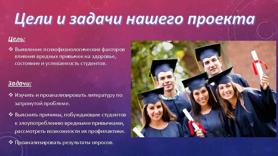 Цели и задачи нашего проекта Цель: v Выявление психофизиологических факторов влияния вредных привычек на