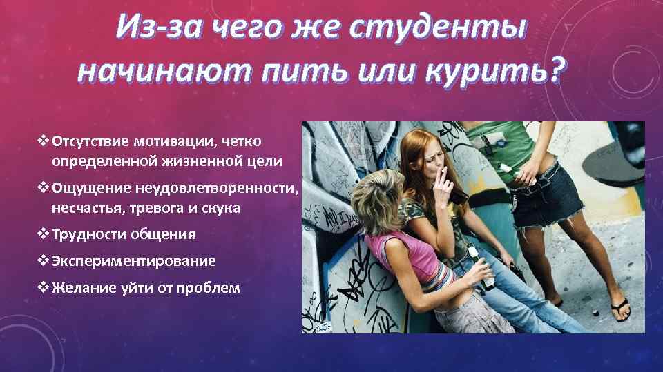 Из-за чего же студенты начинают пить или курить? v. Отсутствие мотивации, четко определенной жизненной