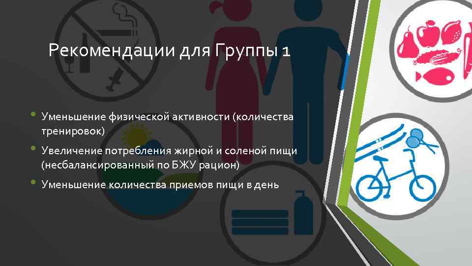 Рекомендации для Группы 1 • Уменьшение физической активности (количества тренировок) • Увеличение потребления жирной