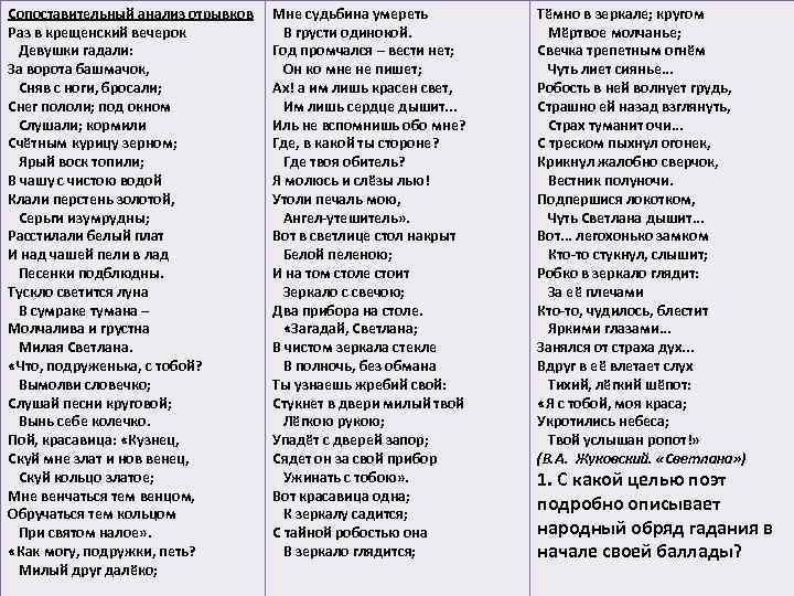 Сопоставительный анализ отрывков Раз в крещенский вечерок Девушки гадали: За ворота башмачок, Сняв с