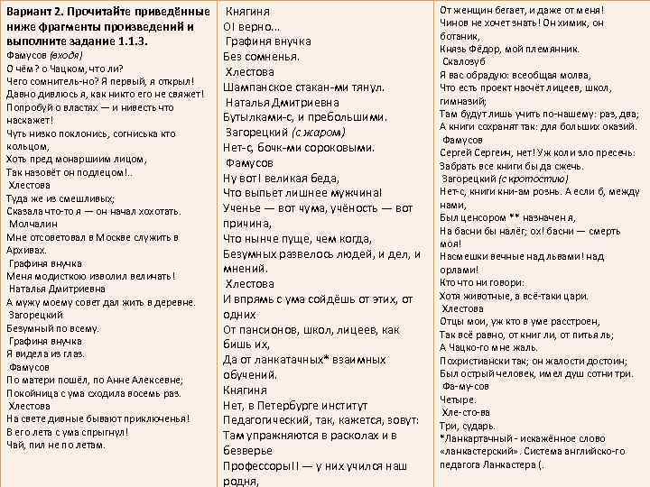 Вариант 2. Прочитайте приведённые Княгиня ниже фрагменты произведений и О! верно. . . выполните