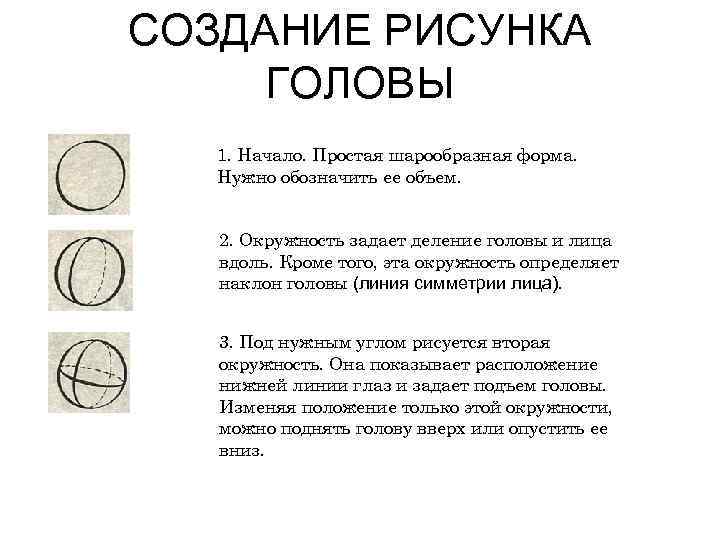СОЗДАНИЕ РИСУНКА ГОЛОВЫ 1. Начало. Простая шарообразная форма. Нужно обозначить ее объем. 2. Окружность
