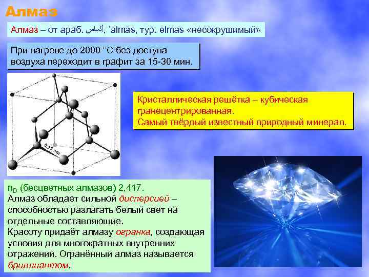 Алмаз – от араб. ’ , ﺃﻠﻤﺎﺱ almās, тур. elmas «несокрушимый» При нагреве до