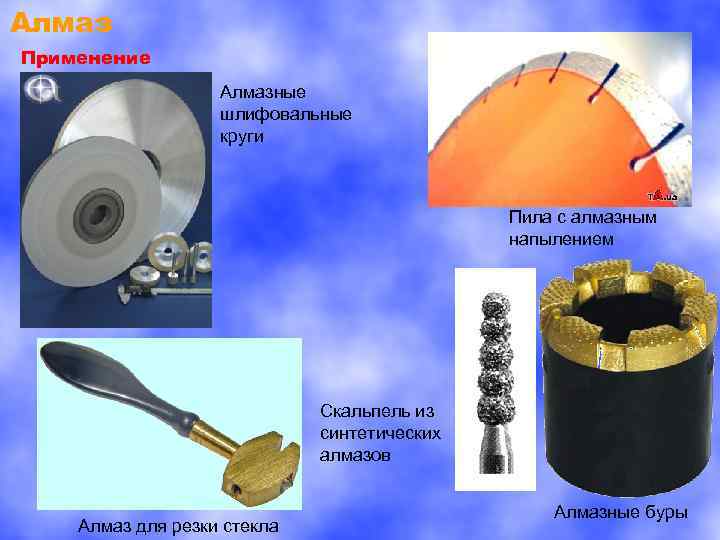 Алмаз Применение Алмазные шлифовальные круги Пила с алмазным напылением Скальпель из синтетических алмазов Алмаз