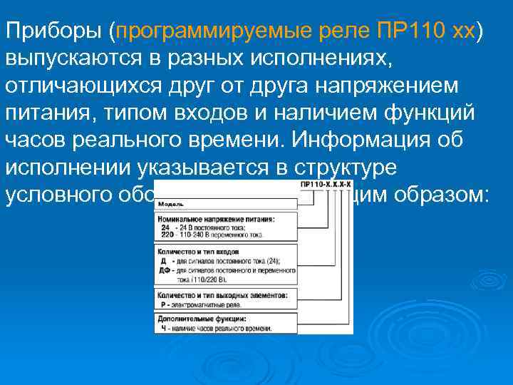 Приборы (программируемые реле ПР 110 хх) выпускаются в разных исполнениях, отличающихся друг от друга