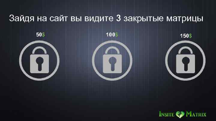 Зайдя на сайт вы видите 3 закрытые матрицы 50$ 100$ 150$ 