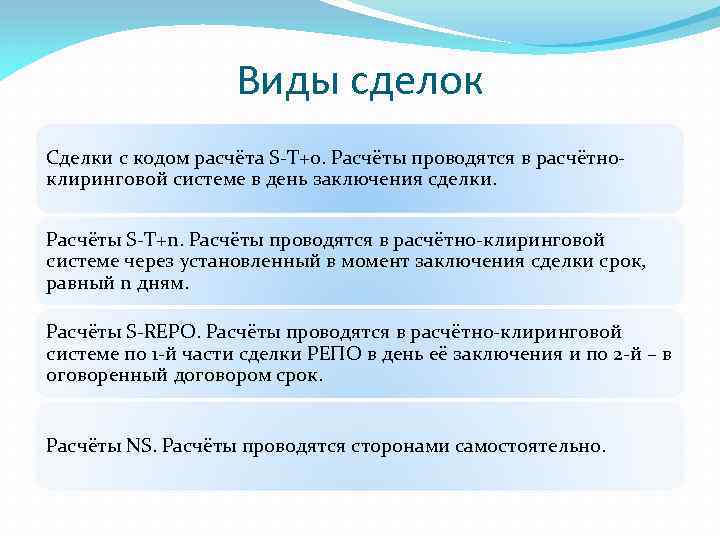 Виды сделок Сделки с кодом расчёта S-T+0. Расчёты проводятся в расчётноклиринговой системе в день