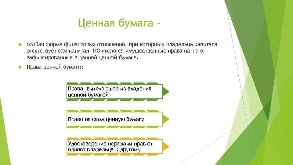 Ценная бумага – особая форма финансовых отношений, при которой у владельца капитала отсутствует сам