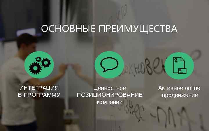 ОСНОВНЫЕ ПРЕИМУЩЕСТВА ИНТЕГРАЦИЯ В ПРОГРАММУ Ценностное ПОЗИЦИОНИРОВАНИЕ компании Активное online продвижение 