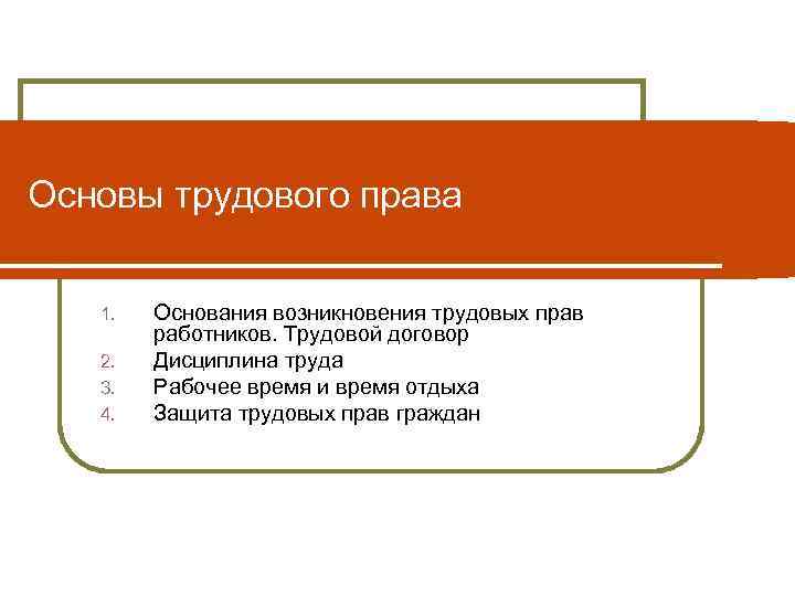 Основы трудового права 1. 2. 3. 4. Основания возникновения трудовых прав работников. Трудовой договор