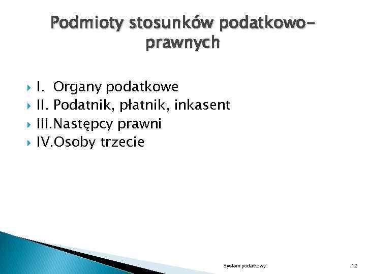 Podmioty stosunków podatkowoprawnych I. Organy podatkowe II. Podatnik, płatnik, inkasent III. Następcy prawni IV.