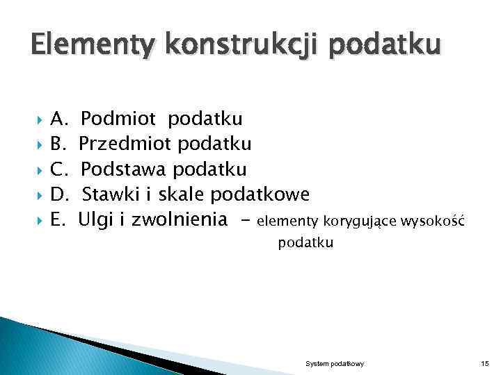 Elementy konstrukcji podatku A. B. C. D. E. Podmiot podatku Przedmiot podatku Podstawa podatku