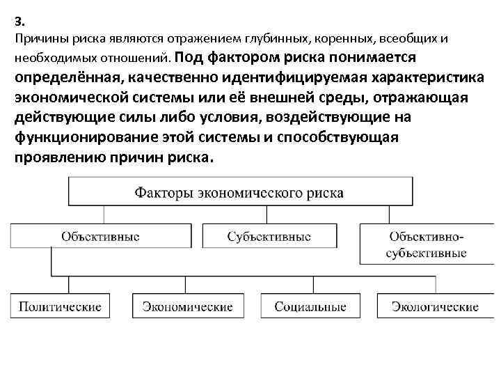 3. Причины риска являются отражением глубинных, коренных, всеобщих и необходимых отношений. Под фактором риска