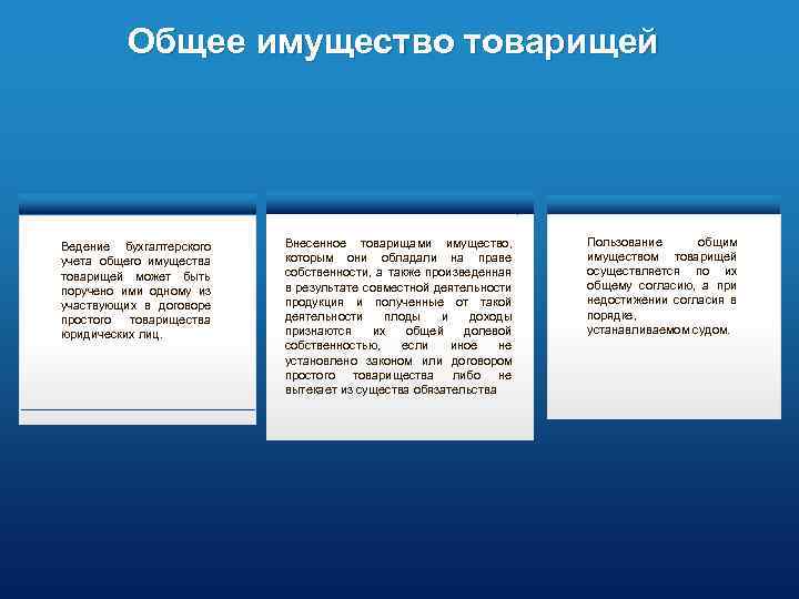 Общее имущество товарищей Ведение бухгалтерского учета общего имущества товарищей может быть поручено ими одному