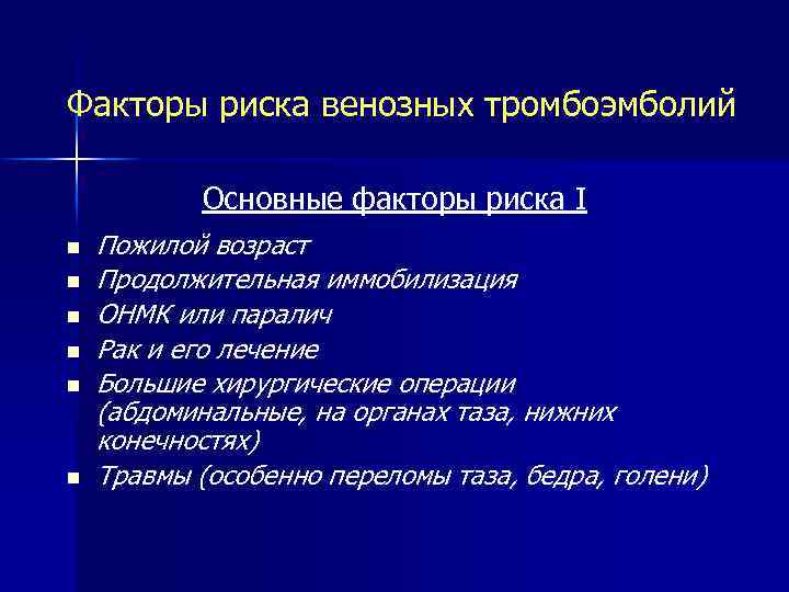 Факторы риска венозных тромбоэмболий Основные факторы риска I Пожилой возраст Продолжительная иммобилизация ОНМК или