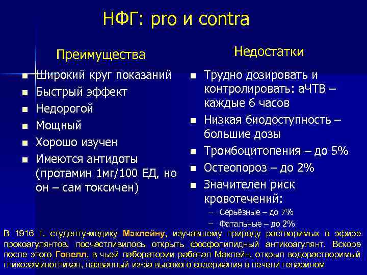 НФГ: pro и contra Недостатки Преимущества Широкий круг показаний Быстрый эффект Недорогой Мощный Хорошо