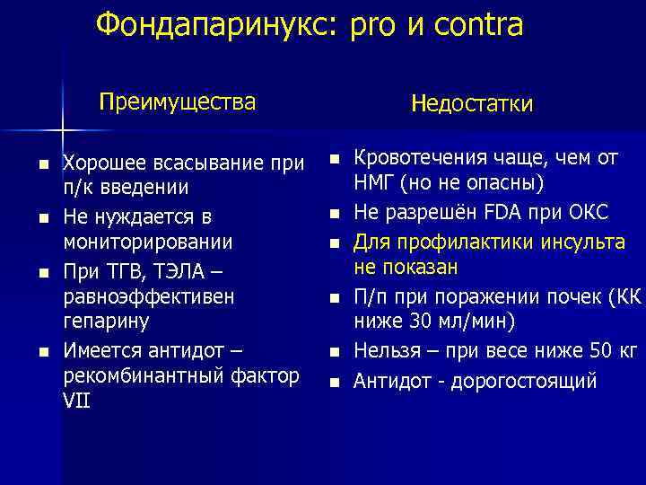 Фондапаринукс: pro и contra Преимущества Хорошее всасывание при п/к введении Не нуждается в мониторировании