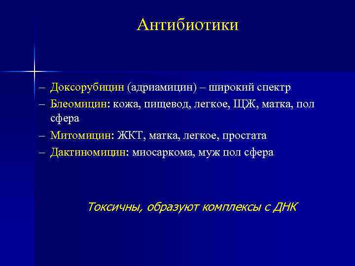 Антибиотики – Доксорубицин (адриамицин) – широкий спектр – Блеомицин: кожа, пищевод, легкое, ЩЖ, матка,