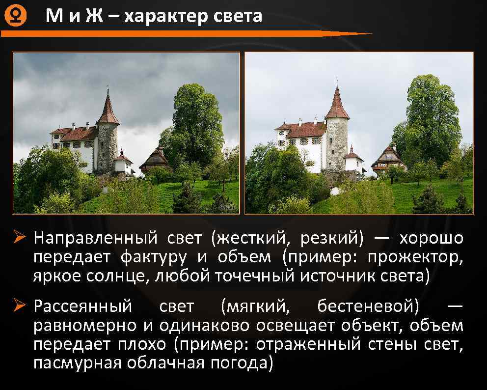 М и Ж – характер света Ø Направленный свет (жесткий, резкий) — хорошо передает