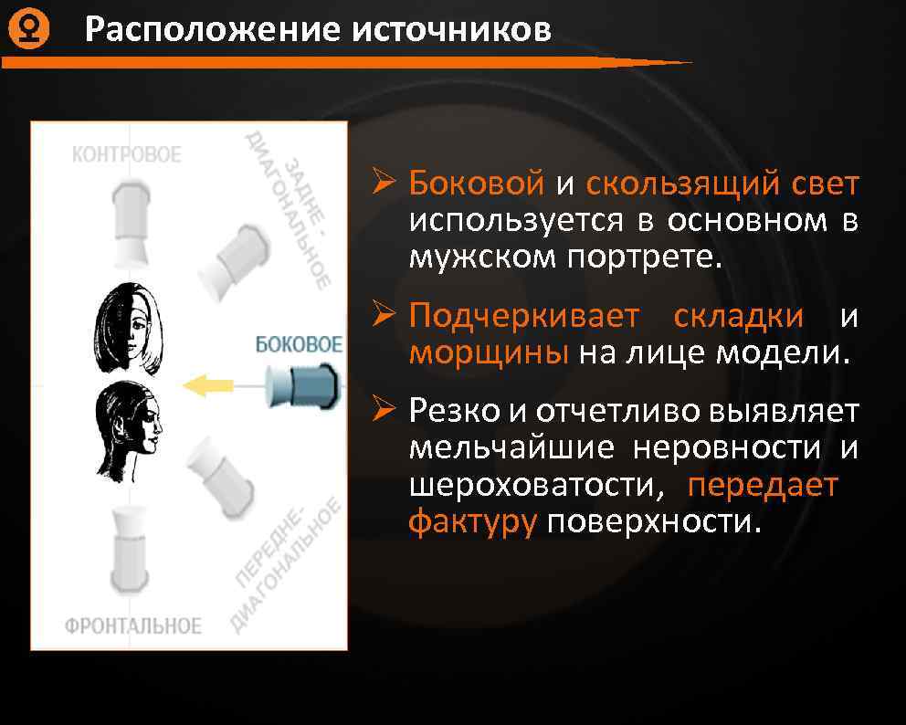 Расположение источников Ø Боковой и скользящий свет используется в основном в мужском портрете. Ø