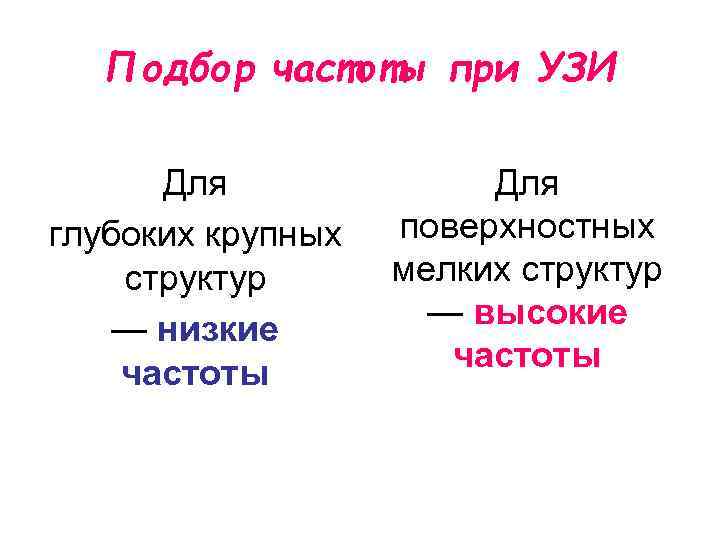 Подбор частоты при УЗИ Для глубоких крупных структур — низкие частоты Для поверхностных мелких