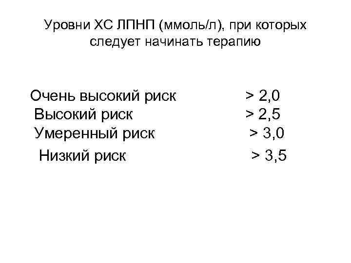 Уровни ХС ЛПНП (ммоль/л), при которых следует начинать терапию Очень высокий риск Высокий риск