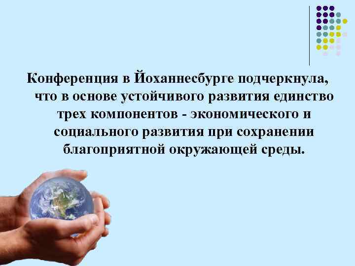 Конференция в Йоханнесбурге подчеркнула, что в основе устойчивого развития единство трех компонентов - экономического