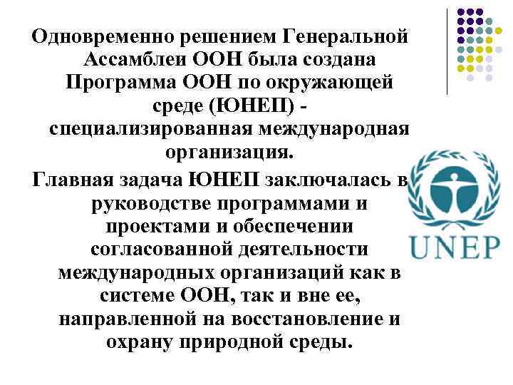 Одновременно решением Генеральной Ассамблеи ООН была создана Программа ООН по окружающей среде (ЮНЕП) специализированная