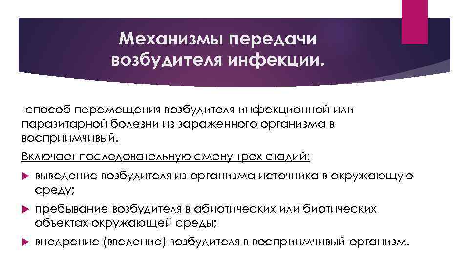 Механизмы передачи возбудителя инфекции. -способ перемещения возбудителя инфекционной или паразитарной болезни из зараженного организма