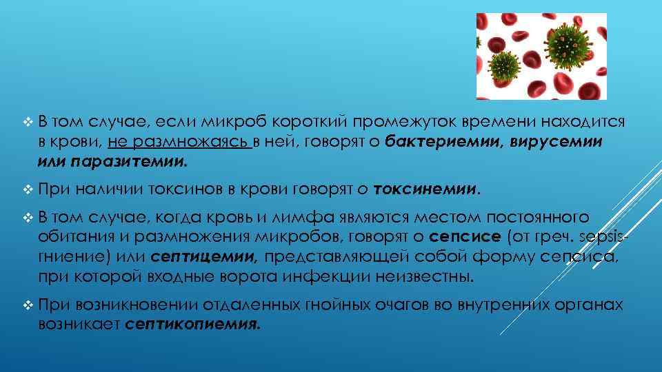 v. В том случае, если микроб короткий промежуток времени находится в крови, не размножаясь