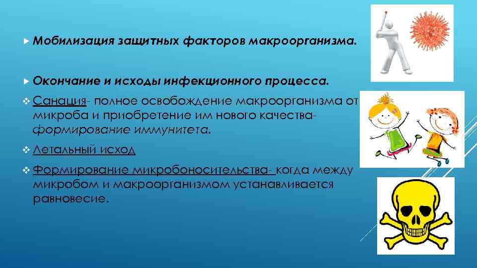  Мобилизация Окончание защитных факторов макроорганизма. и исходы инфекционного процесса. v Санация- полное освобождение