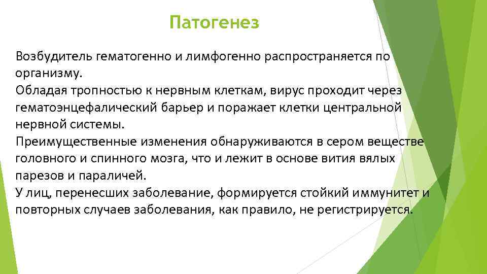 Патогенез Возбудитель гематогенно и лимфогенно распространяется по организму. Обладая тропностью к нервным клеткам, вирус