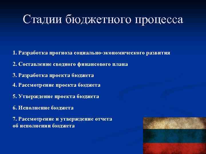 Стадии бюджетного процесса 1. Разработка прогноза социально-экономического развития 2. Составление сводного финансового плана 3.