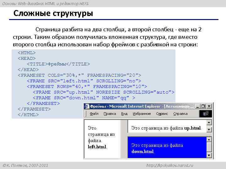 Основы Web-дизайна: HTML и редактор HEFS Сложные структуры Страница разбита на два столбца, а