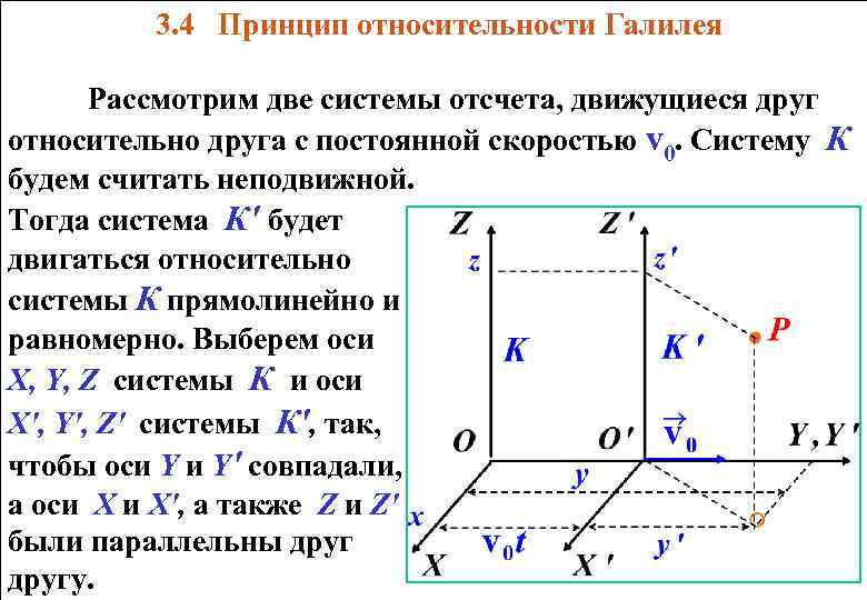  3. 4 Принцип относительности Галилея Рассмотрим две системы отсчета, движущиеся друг относительно друга