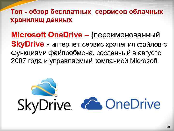 Топ - обзор бесплатных сервисов облачных хранилищ данных Microsoft One. Drive – (переименованный Sky.