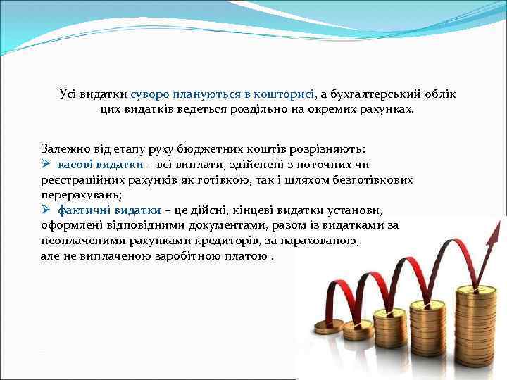 Усі видатки суворо плануються в кошторисі, а бухгалтерський облік цих видатків ведеться роздільно на