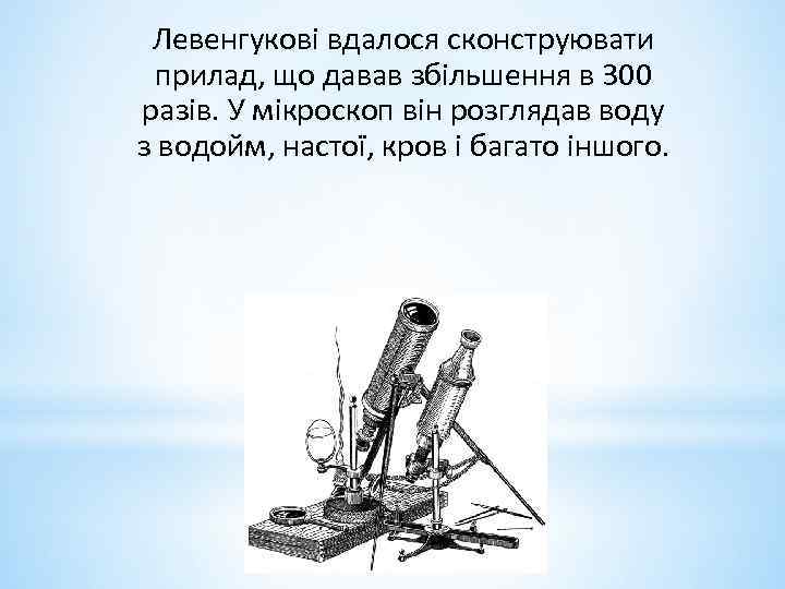 Левенгукові вдалося сконструювати прилад, що давав збільшення в 300 разів. У мікроскоп він розглядав