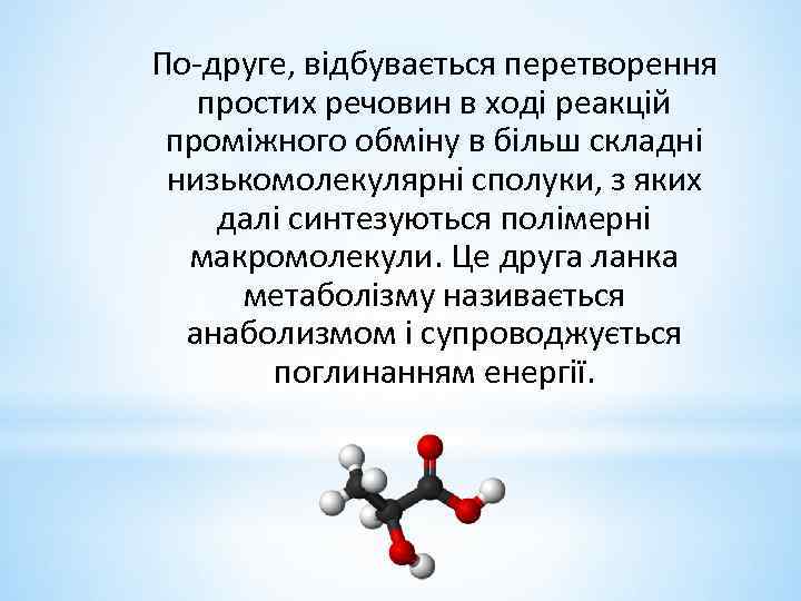 По-друге, відбувається перетворення простих речовин в ході реакцій проміжного обміну в більш складні низькомолекулярні