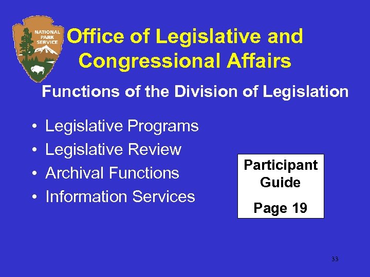 Office of Legislative and Congressional Affairs Functions of the Division of Legislation • •