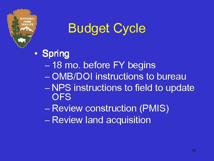 Budget Cycle • Spring – 18 mo. before FY begins – OMB/DOI instructions to