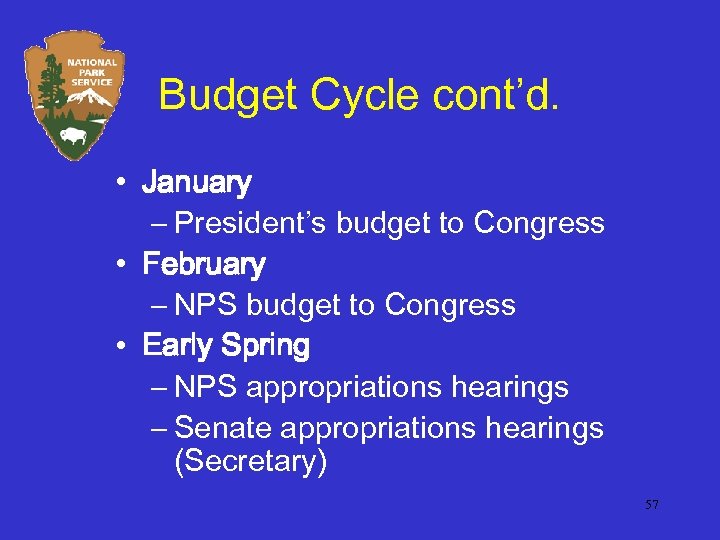 Budget Cycle cont’d. • January – President’s budget to Congress • February – NPS