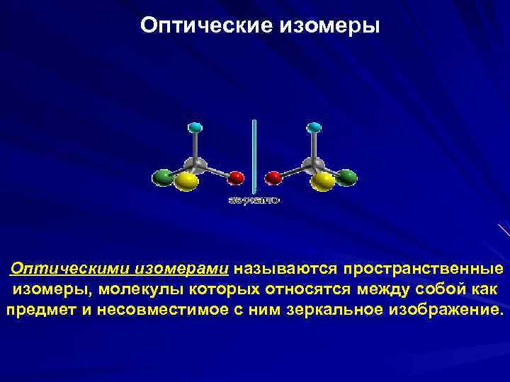 Оптические изомеры Оптическими изомерами называются пространственные изомеры, молекулы которых относятся между собой как предмет