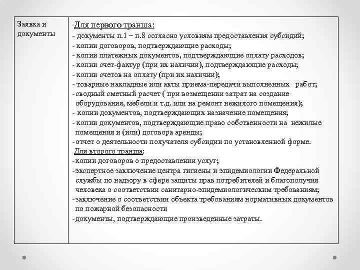 Заявка и документы Для первого транша: - документы п. 1 – п. 8 согласно