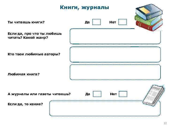 Книги, журналы Ты читаешь книги? Да Нет Если да, про что ты любишь читать?