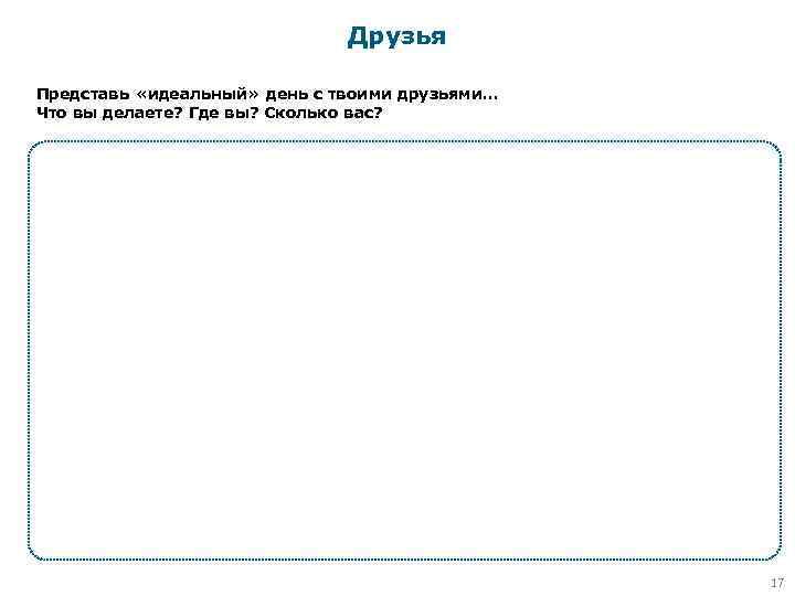 Друзья Представь «идеальный» день с твоими друзьями… Что вы делаете? Где вы? Сколько вас?