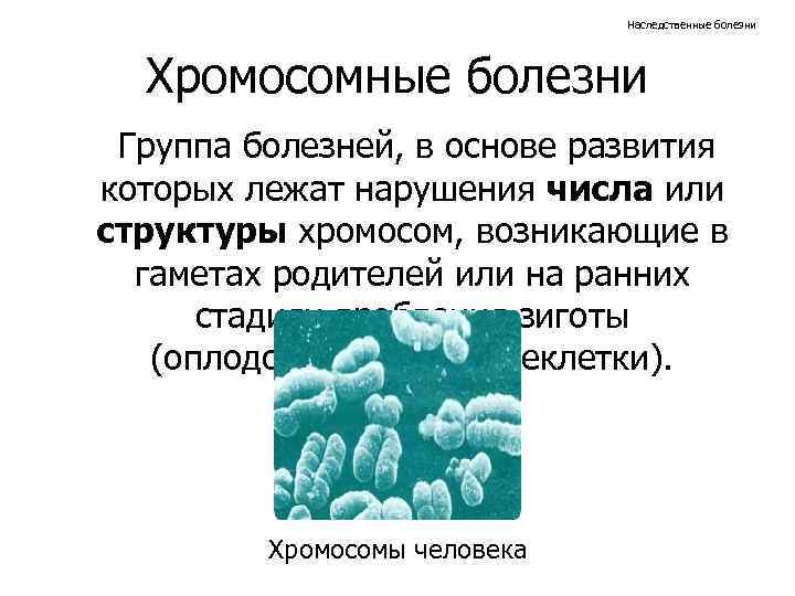 Наследственные болезни Хромосомные болезни Группа болезней, в основе развития которых лежат нарушения числа или