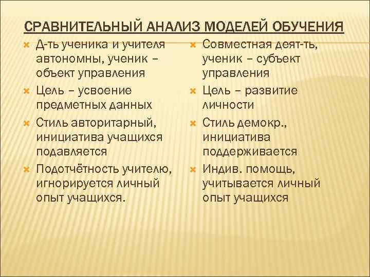 СРАВНИТЕЛЬНЫЙ АНАЛИЗ МОДЕЛЕЙ ОБУЧЕНИЯ Д-ть ученика и учителя автономны, ученик – объект управления Цель
