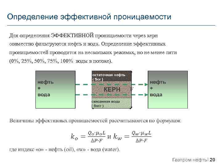 Определение эффективной проницаемости Для определения ЭФФЕКТИВНОЙ проницаемости через керн совместно фильтруются нефть и вода.